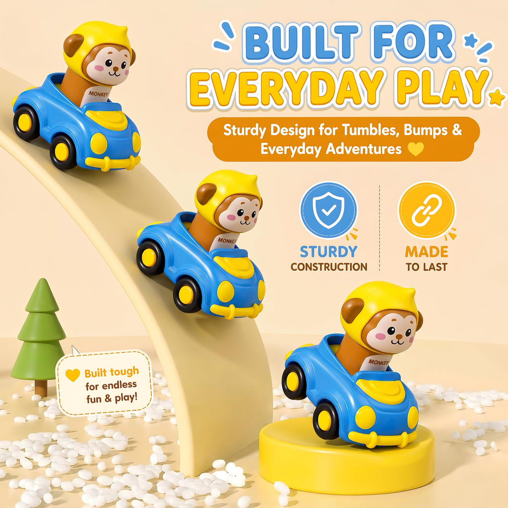 Press to Go Cars for Toddlers 1-3, 4-Pack Animal Toys for 1 Year Old Boy