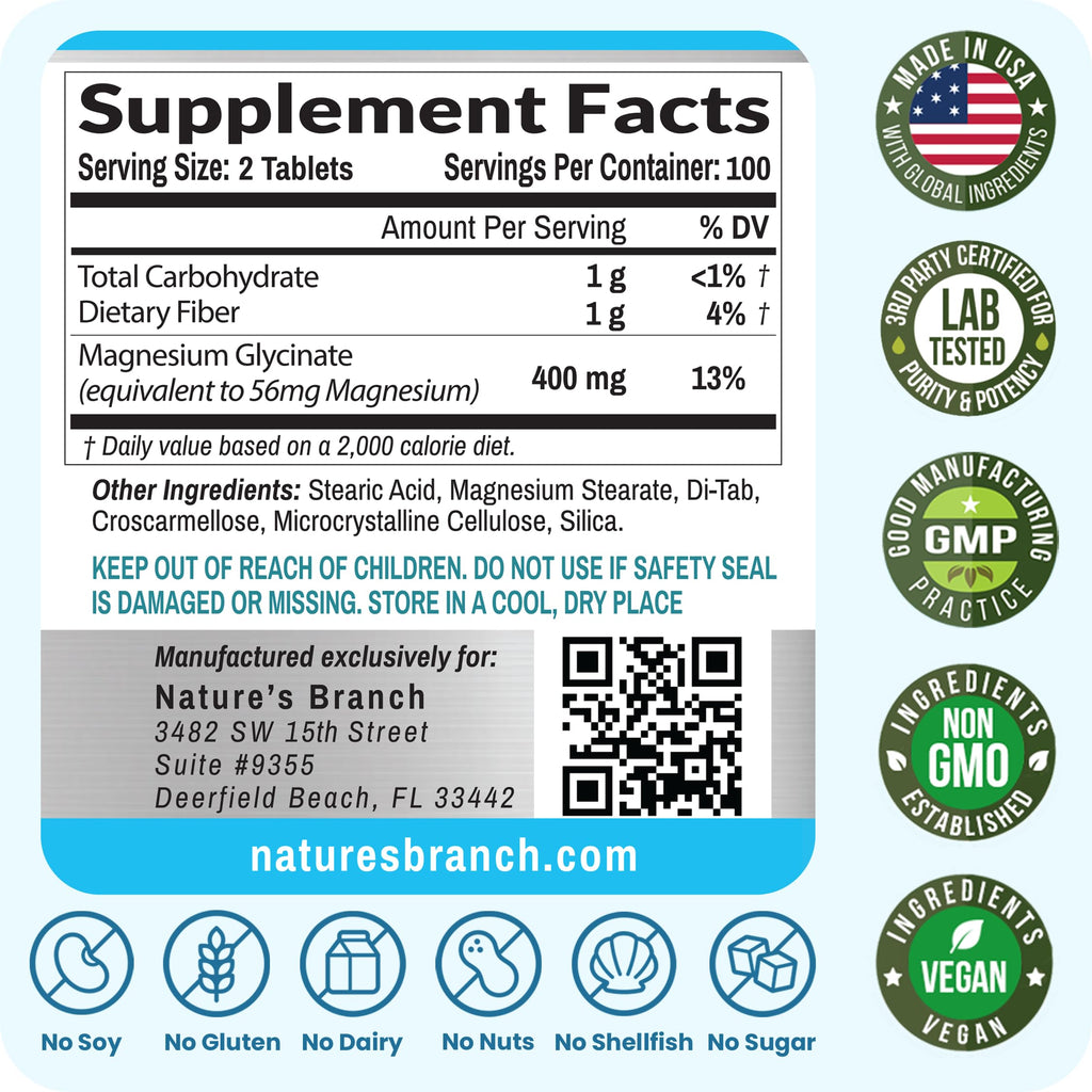 Magnesium Glycinate 400mg | 200 Tablets | High Absorption Mag Supplements for Sleep, Leg Cramps, Heart, Muscle, Calm | Non Buffered Bisglycinate, Extra Strength for Women and Men, Tablets Not Capsules