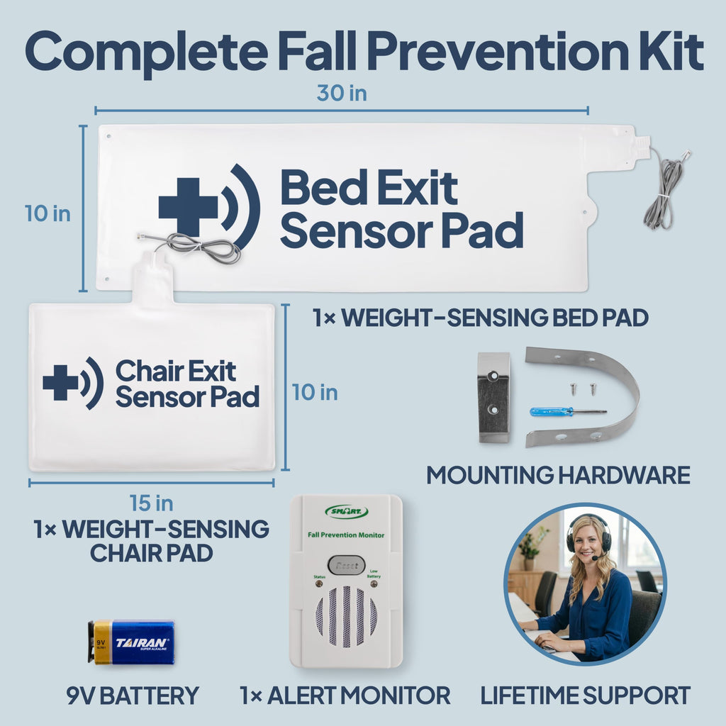 Smart Caregiver® Bed and Chair Exit Alarm System for Fall/Wandering Prevention – Know When They get up! Includes Monitor with 10in x 30in Bed Sensor Pad and 10in x 15in Chair Sensor Pad