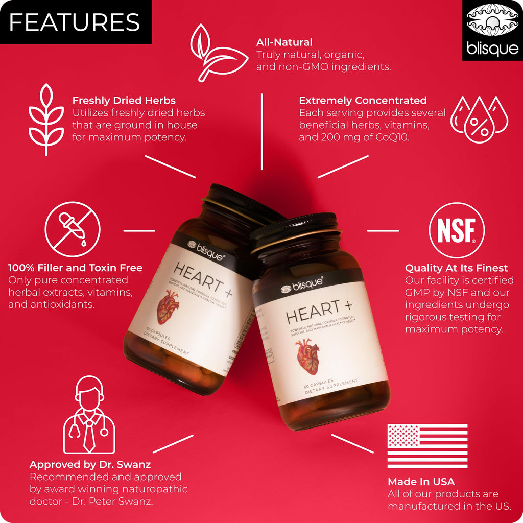 Blisque – Natural Blood Pressure Support Supplement for Heart Health and Circulation | Doctor-Approved | with 200 mg CoQ10, Hawthorn Berry, Beet Root, Turmeric | 90 Capsules