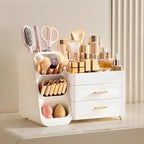 HBlife Makeup Organizer with Brush Holder for Vanity, Large Plastic Bathroom Countertop Organizer Skin Care Storage, Easy to Store Lipsticks, Nail Polishes, Perfumes, Eyeshadow Palettes, All White