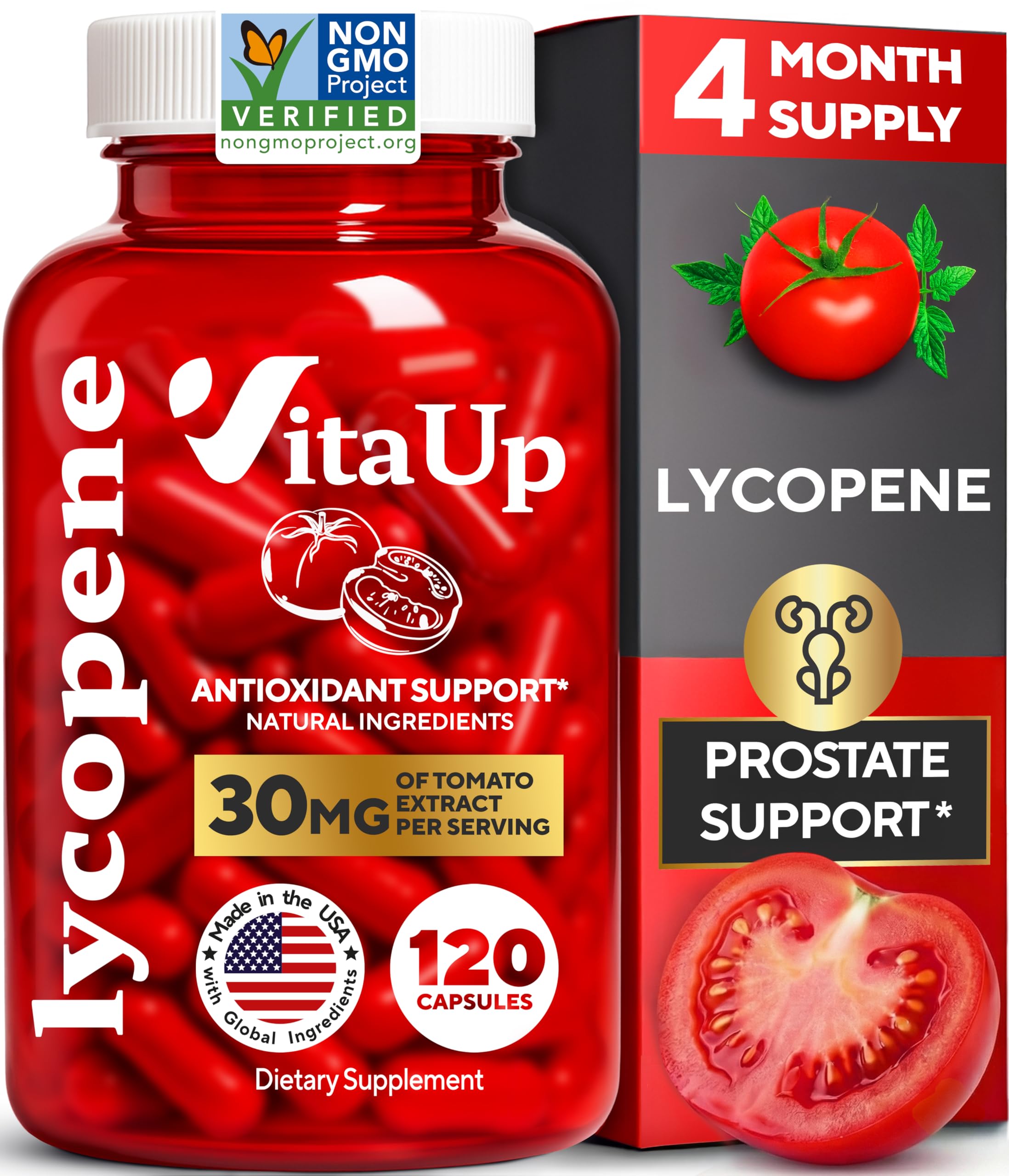 VitaUp Lycopene Supplements for Men – USA Made Prostate Supplements for Men with Natural Tomato Extract – Non-GMO Lycopene Supplement for Normal Prostate, Skin & Antioxidant Support – 120 Count