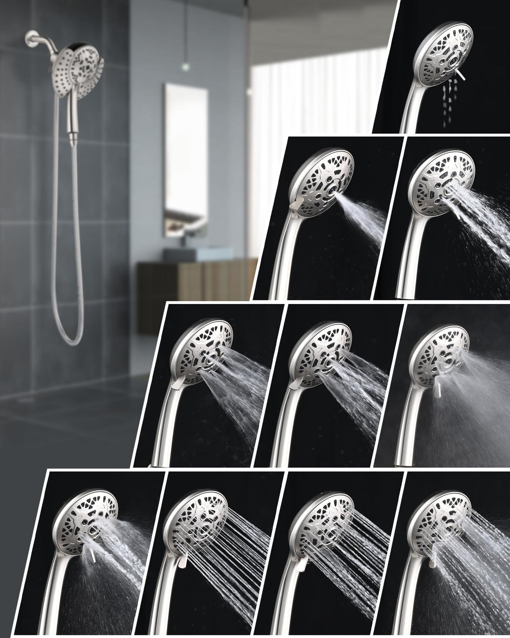INAVAMZ 2.5GPM Shower Heads with Handheld Spray Combo: 7.2" Rainfall Shower Head & Hand Held Shower Head 2-IN-1 Shower Head with 60" Rotatable Stainless Steel Hose Nickel, Shower Trim Systems