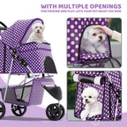 Magshion 3-Wheel Pet Stroller, Foldable Travel Jogger for Small & Medium Dogs & Cats (Up to 33lbs), Lightweight Carrier with Breathable Mesh Cover, Cup Holder & Storage Basket, Purple Polka Dots