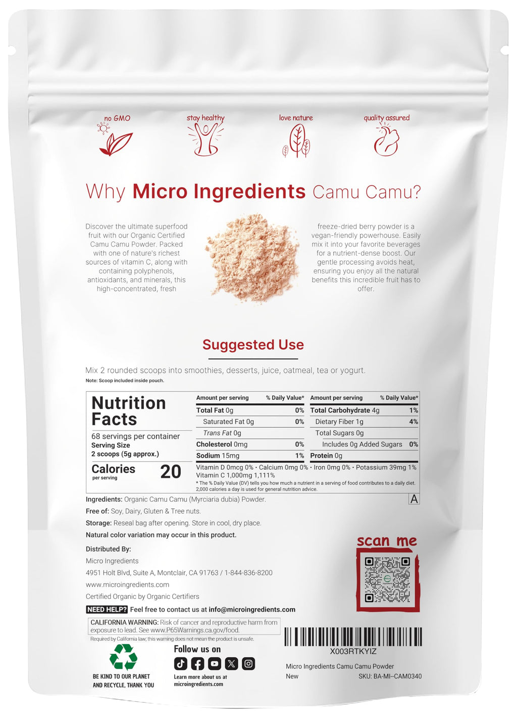 Organic Camu Camu Powder, 12 oz | High Natural Vitamin C Level | Fresh Freeze-Dried Berries Source | No GMOs, Vegan Friendly