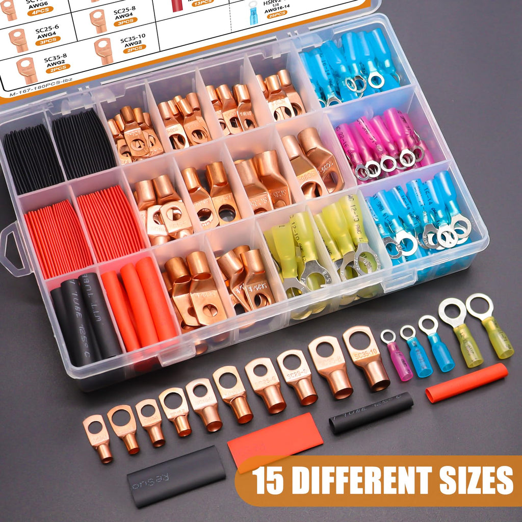 mankk 180PCS Copper Wire Lugs with Tool AWG 2 4 6 8 10 12 14 16 Gauge Battery Terminal Connectors Battery Cable Ends Connectors Copper Ring Terminal Kit with Heat Shrink