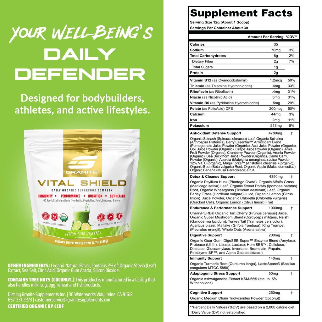 Granite Nutrition Vital Shield - USDA Organic Superfood Greens with Mushrooms & Tart Cherry – Supports Energy, Immune Function & Digestive Health – Lemon Lime Flavor (30 Servings)