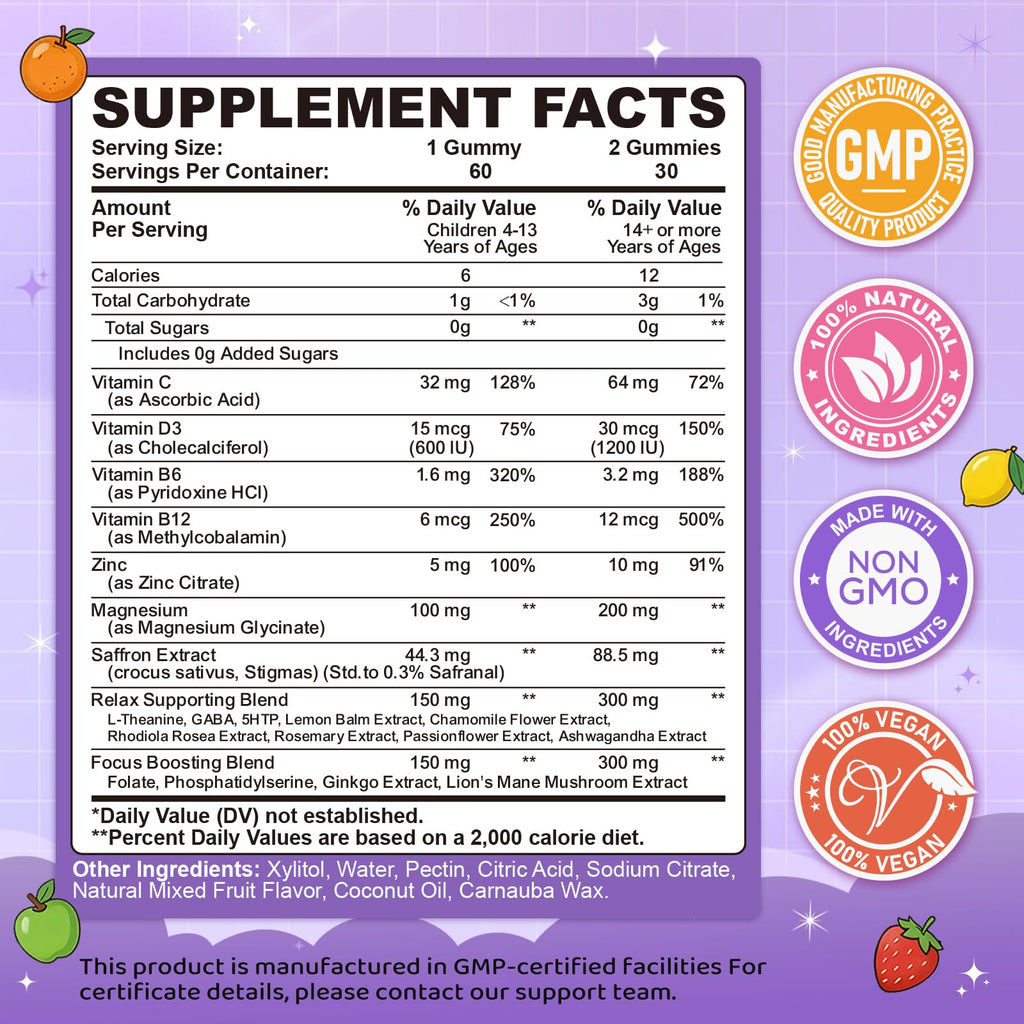 Saffron Gummies for Kids & Adults, 20-in-1 Saffron Supplements with 88.5mg Saffron Extract, B6, B12, C, D3, Magnesium for Calm, Focus, Nerve, Sugar Free, Vegan, Non-GMO - Mixed Fruit Flavor, 60 Counts