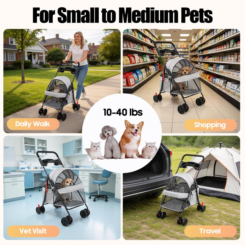 Pet Stroller for Small Medium Dogs Cats, Lightweight Foldable Pet Wagon with 360° Front Wheels & Brake, 40 lbs Capacity Carrier for Park Travel Shopping, Breathable Mesh Basket (Light Gray)