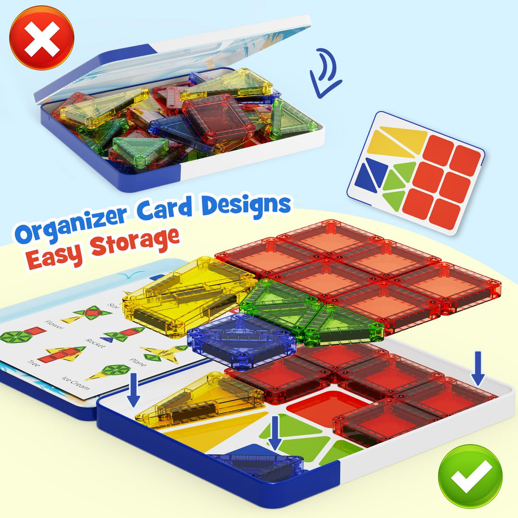 hunloot Magnetic Tiles Mini Building Blocks STEM Toys for 3-8 Year Olds,Travel-Friendly Set with Storage Iron Box,Educational Construction Playset for Toddlers,Birthday Gift for Boys & Girls