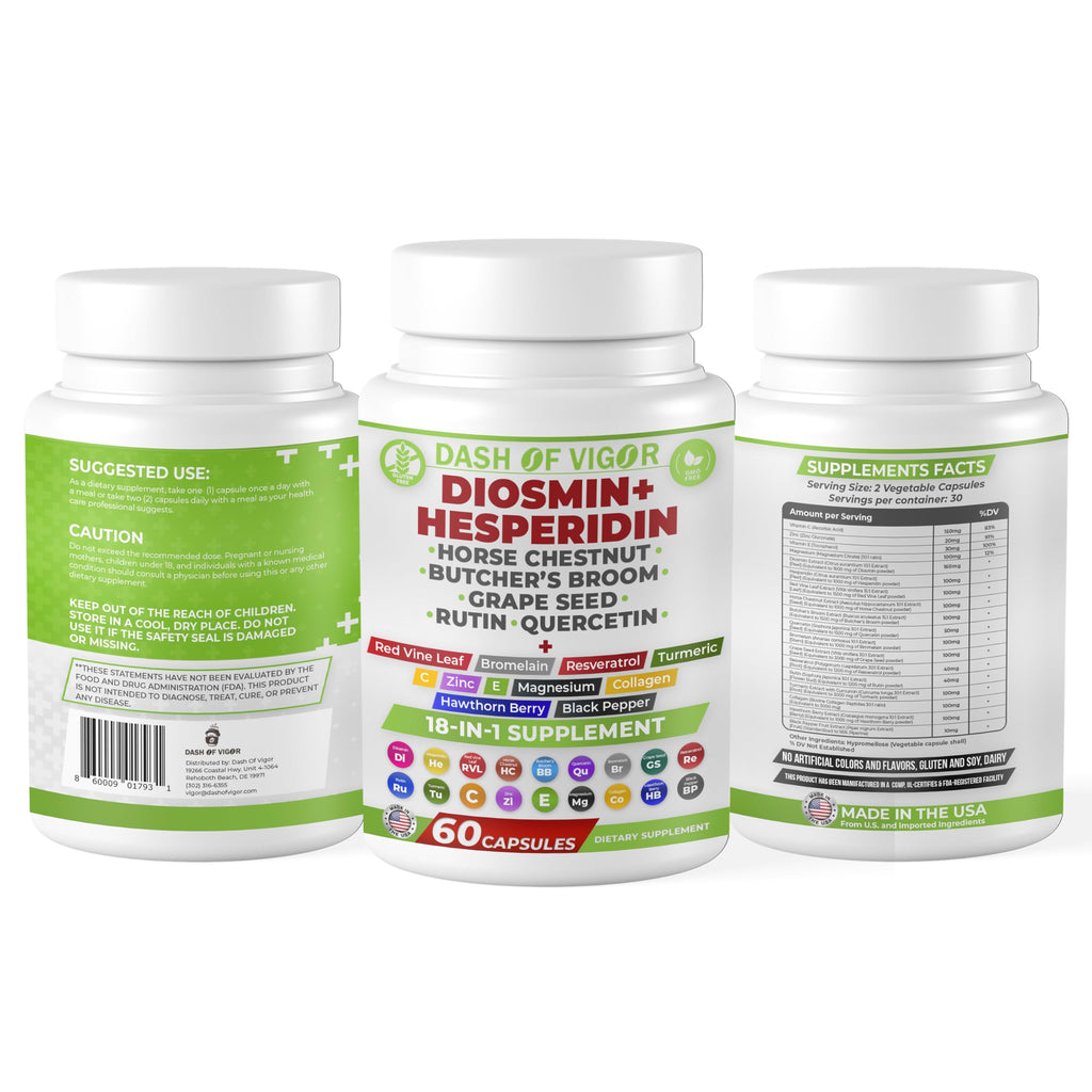 Dash of Vigor 18-in-1 Diosmin Hesperidin Supplement, Quercetin with Bromelain, Zinc, Vitamin C with Rutin Supplement, Horse Chestnut Extract, Butcher's Broom Extract, USA, 60 Capsules