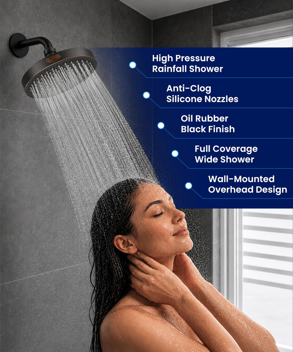 GURIN Shower Head - Powerful High Pressure Rain Shower Head 6 Inch - Luxury Rainfall Showerhead with Adjustable Angles, 90 Anti-Clog Nozzles, Tool-Free 1-Min Install, Premium Oil Rubbed Bronze Finish