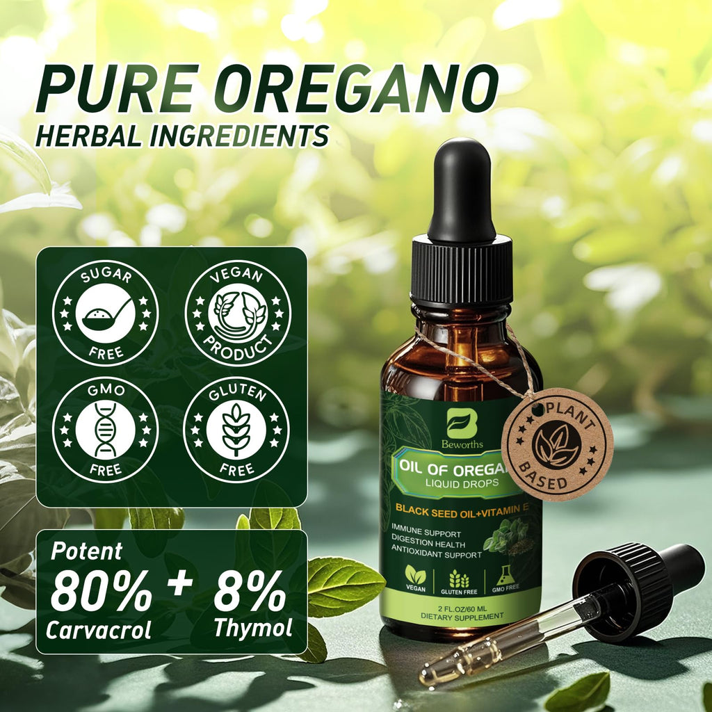 B BEWOTHS Organic Oregano Oil Drops | Oil of Oregano with Black Seed Oil, Vitamin E, 80% Carvacrol Oregano Drops for Immune, Antioxidant, Gut Detox Cleanser Support - Non-GMO, Vegan (240-day Supply)