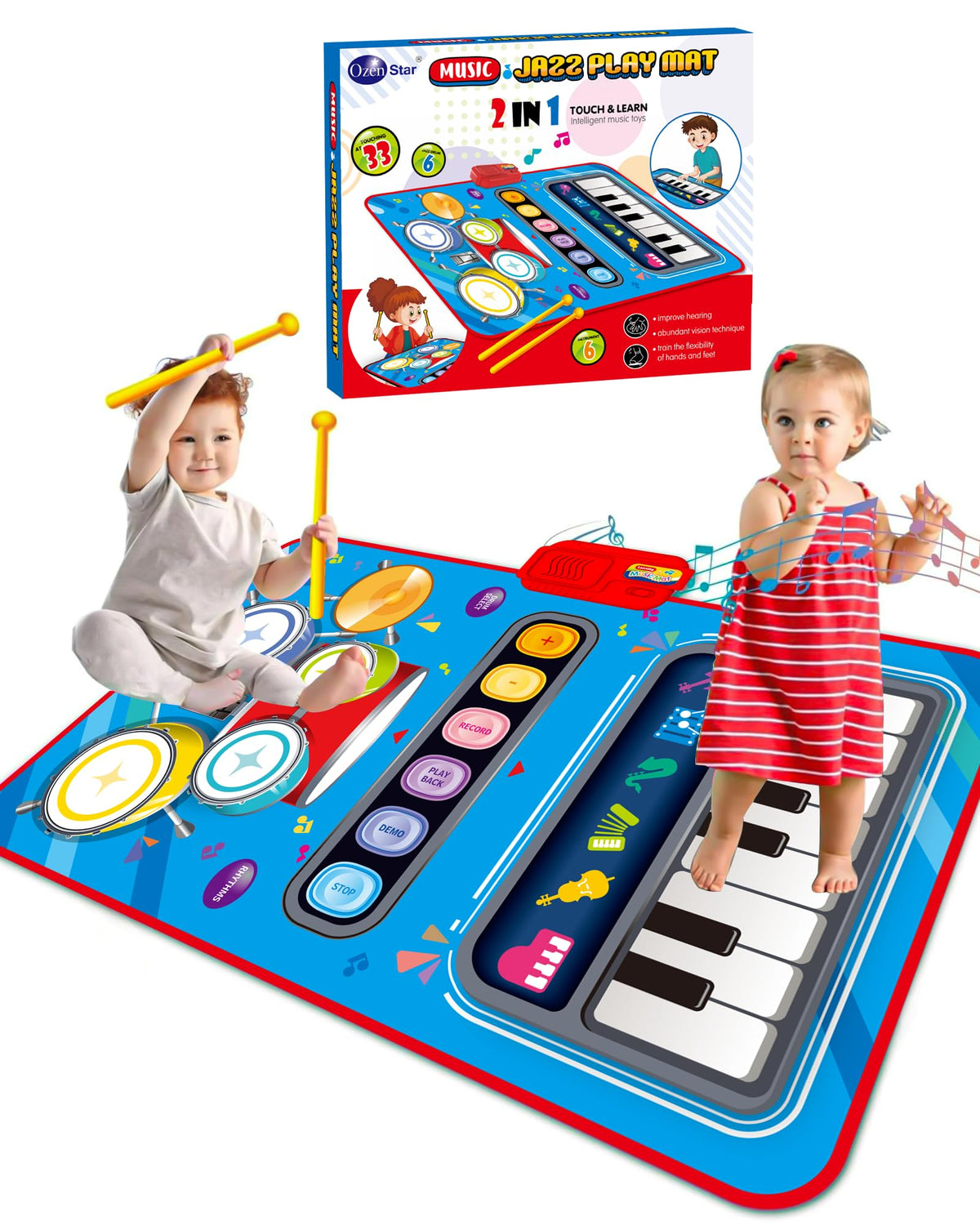 DQMOON Toys for 1 Year Old Boy Gifts, 2 in 1 Musical Mat with Piano & Drum, Adjustable Volume, Musical Toys for 1 Year Old, Christmas Birthday Easter Gifts for 1-2 Year Old Boys Girls (Blue)