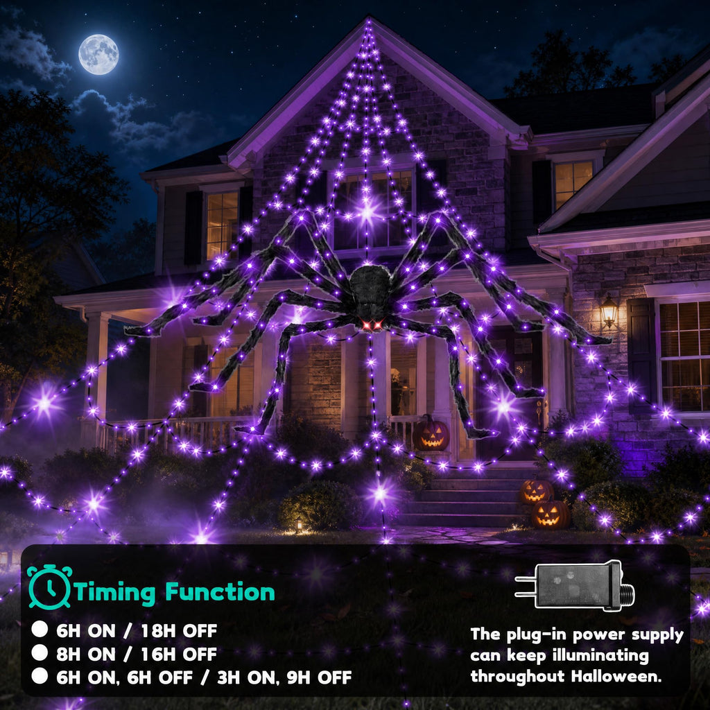 Halloween Decorations 16 Ft Spider Web Lights, Super-Realistic Giant Cobweb Indoor/Outdoor Purple Lights, Battery & 8 Modes Remote Control
