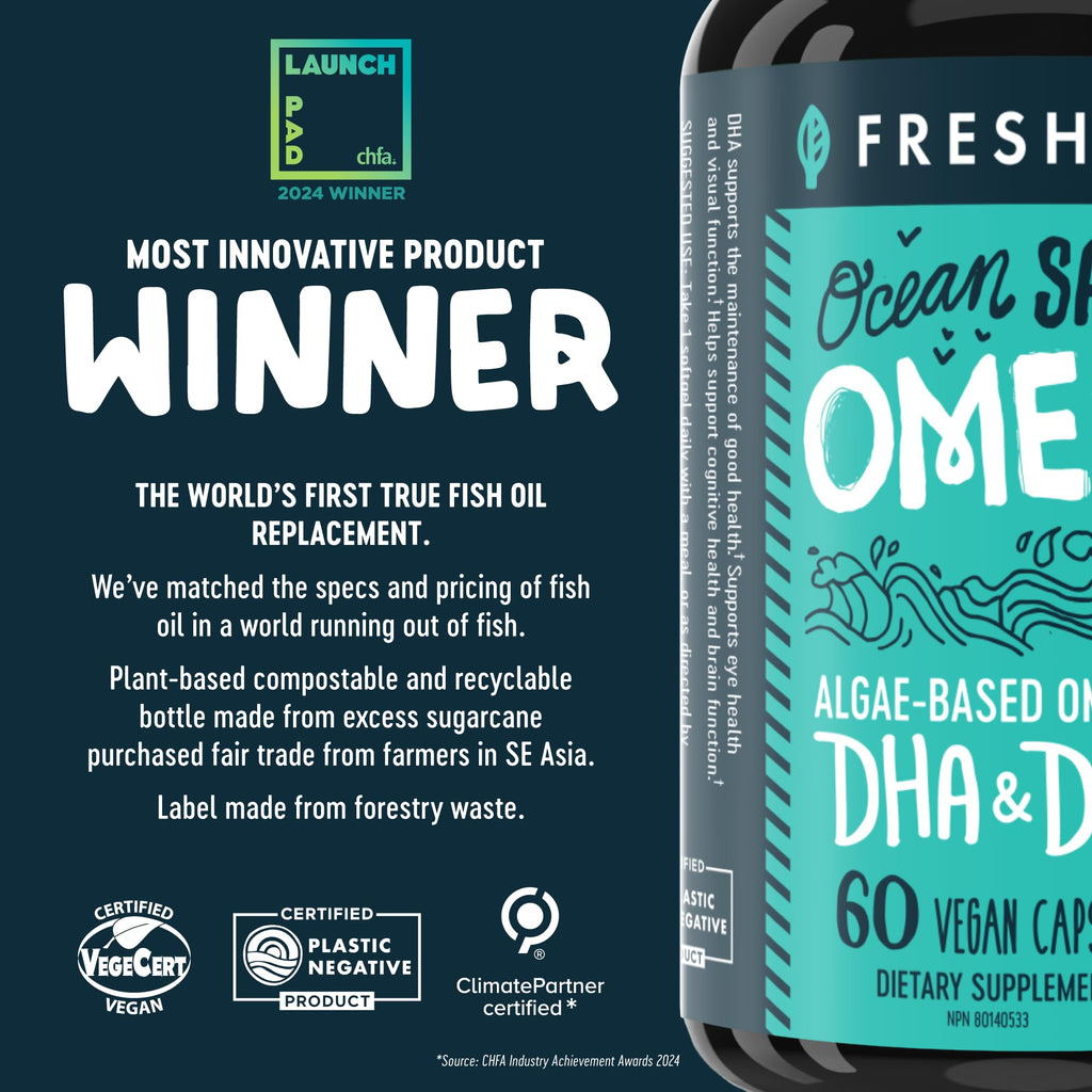 Freshfield Omega 3, DHA Supplements, Potent 1 per Day Formula, Algae (Algal) Oil, Vegan Omega, Ocean Saving Fish Oil Alt, Sustainable, Concentrated DHA per Capsule, w/DPA