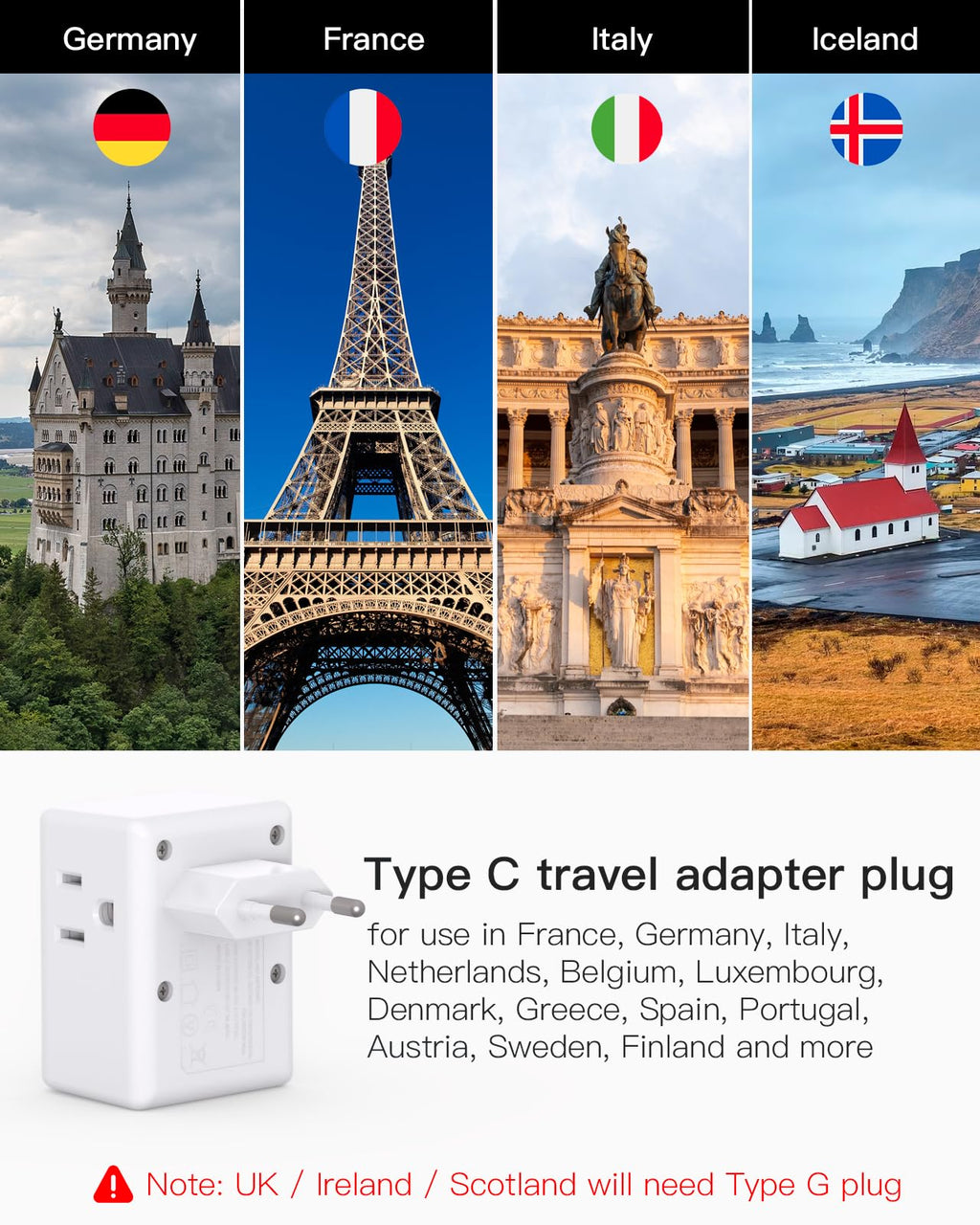 2 Pack European Travel Plug Adapter, Mifaso International Power Plug Adapter with 3 Outlets 3 USB Charging Ports(2 USB C), Type C Plug Adapter Europe Travel Essentials to Spain Italy France