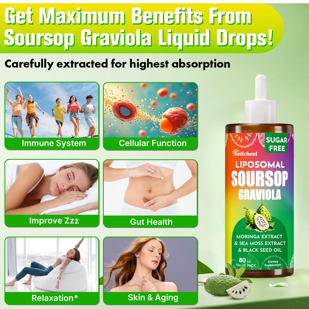 Soursop Bitters Liquid 880MG, Soursop Multivitamin Drops with Leaf Extract & Sea Moss, for Cell Support & Regeneration, Immunity, Liver, Gut, Zzz, Skin & Antioxidant | 5.6 Fl Oz - 160 Days Supply