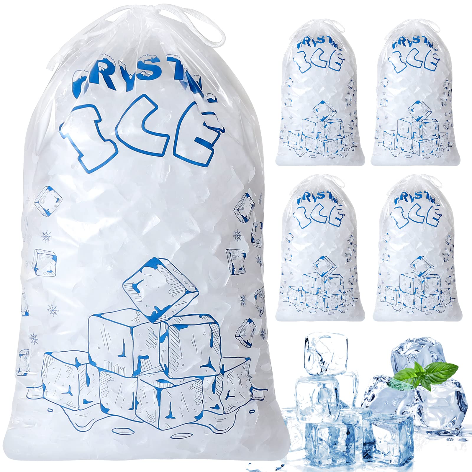 Ice Bags 8 lb with Drawstring, 50 Count Ice Bag for Ice Machine, Heavy-Duty Reusable Ice Cube Bags, Portable Storage and Freezer Keeper