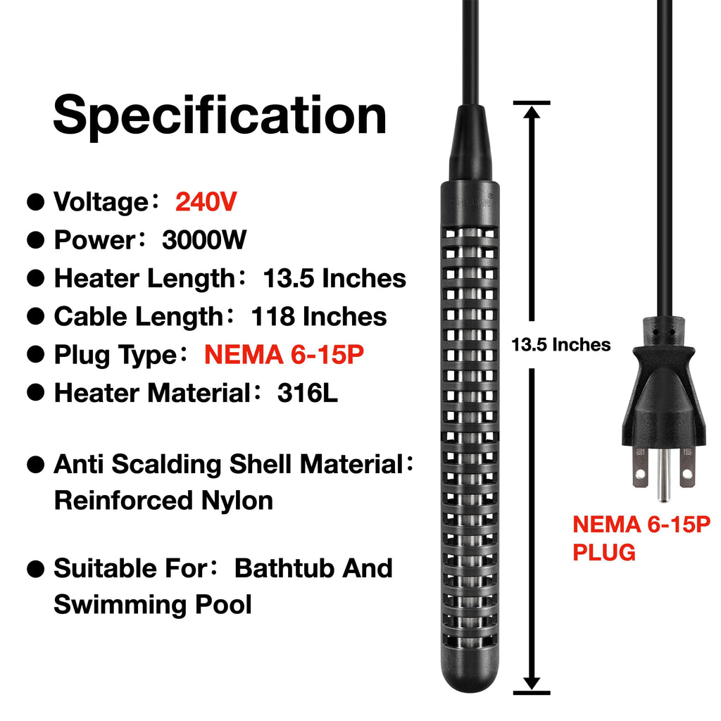 GRILLME 240V 3000W Immersion Bathtub and Swimming Pool Water Heater,Fully Submersible Portable Electric Heater,30 Galons Bathtub Heater,200 Galons Swimming Pool Heater,NEMA 6-15P Plug,100% Waterproof