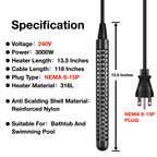 GRILLME 240V 3000W Immersion Bathtub and Swimming Pool Water Heater,Fully Submersible Portable Electric Heater,30 Galons Bathtub Heater,200 Galons Swimming Pool Heater,NEMA 6-15P Plug,100% Waterproof