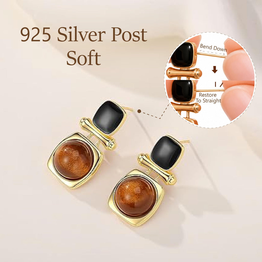 Sylph Tiger Eye Stud Earrings for Women, 18K Gold Plated and Black Brown Stone Dangle Drop Earring, Tigers Eye Jewelry Gifts