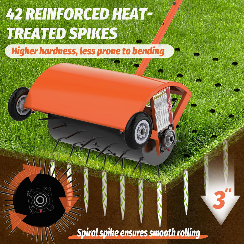 Hubiiett 24 Inch Rolling Lawn Aerator, Heavy Duty Manual Aerator Tool, Up to 70 lbs, Push Spike Aeration Tool with 42 Spikes, Suitable for Lawns, Garden, and Yard Grass Aeration [Orange]