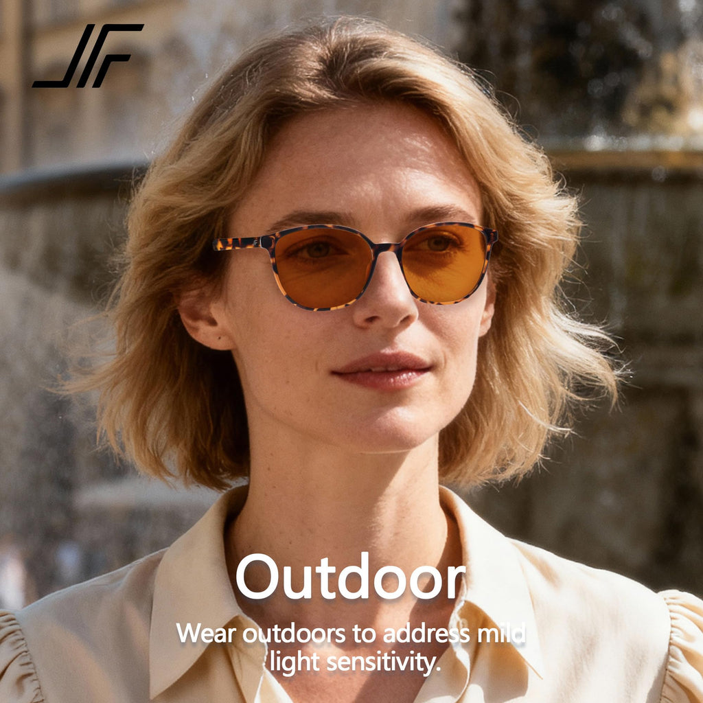 JFXQDR Women's 2 Pack Indoor Fluorescent-41 Rose & Outdoor Fluorescent-60 Brown Tinted Blue Light Blocking Glasses for Migraine, Light Sensitivity, Photophobia LED Gaming Computer Screen Glare RF6208