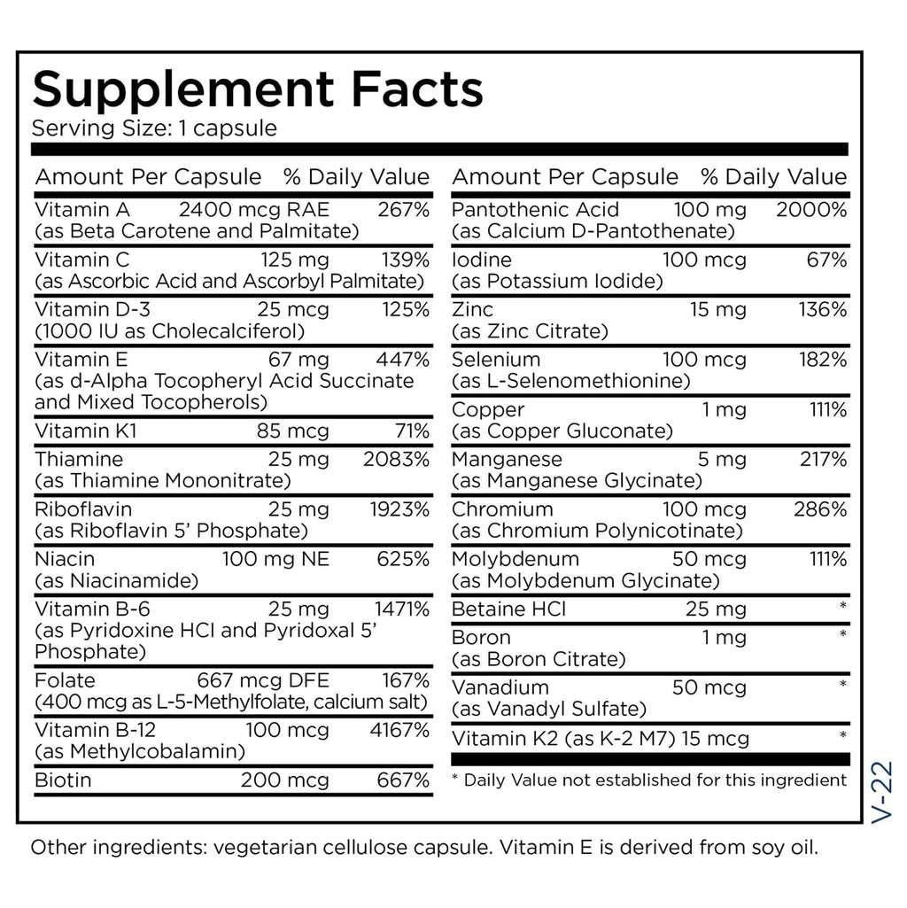 Metabolic Maintenance The Big One - Once Daily Iron-Free Multivitamin Mineral Supplement - Folate, B Vitamins, Biotin, Antioxidants + Vitamin K, Immune Support Nutrients Vitamin A + C (90 Capsules)