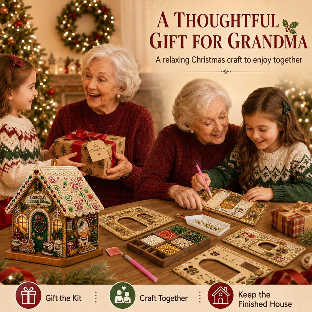 3D Christmas House Diamond Painting Kit for Adults, Wooden Pearl Art Craft