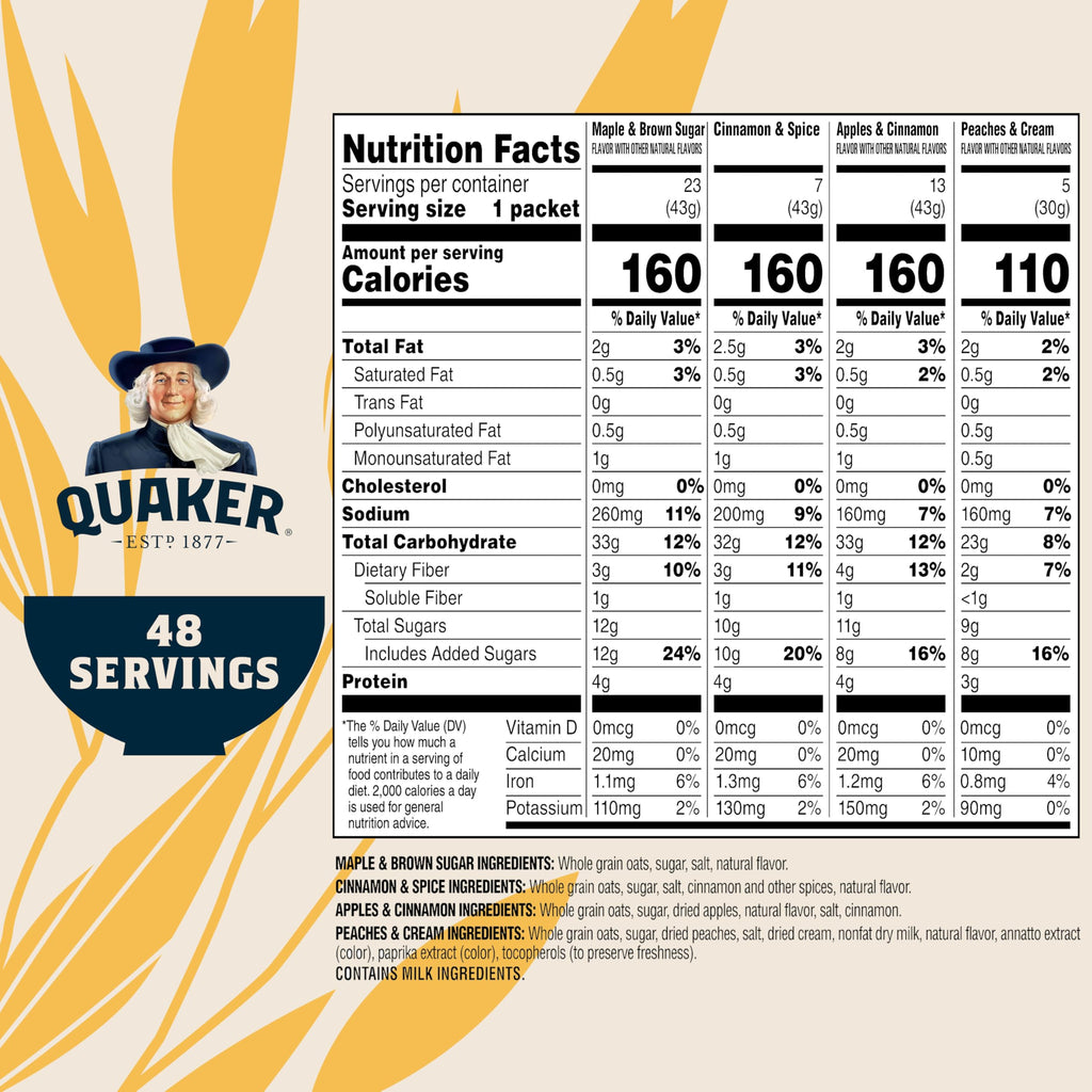 Quaker Instant Oatmeal, 4 Flavor Variety Pack, Individual Packets, 48 Count