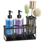 MASADI Kitchen Sink Caddy with Dish Soap Dispenser Set, 12OZ Glass Bottle, Hand and Dish Soap Dispenser Set, Non-Slip Silicone Pad, Brush Holder, Kitchen Sink Organizer Countertop (Black+Clear)