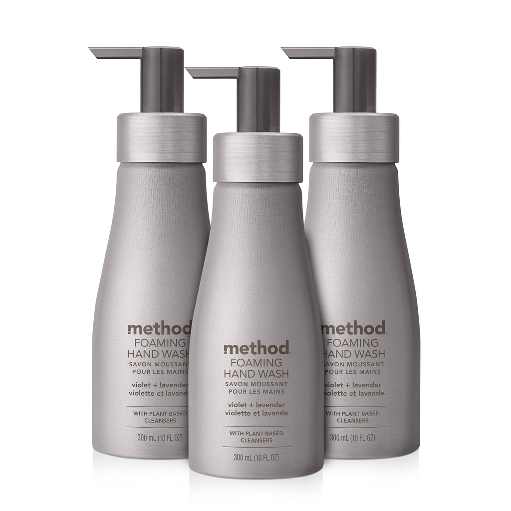 Method Foaming Hand Wash, Violet + Lavender, Reusable Silver Aluminum Bottle, 10 oz (Pack of 3)