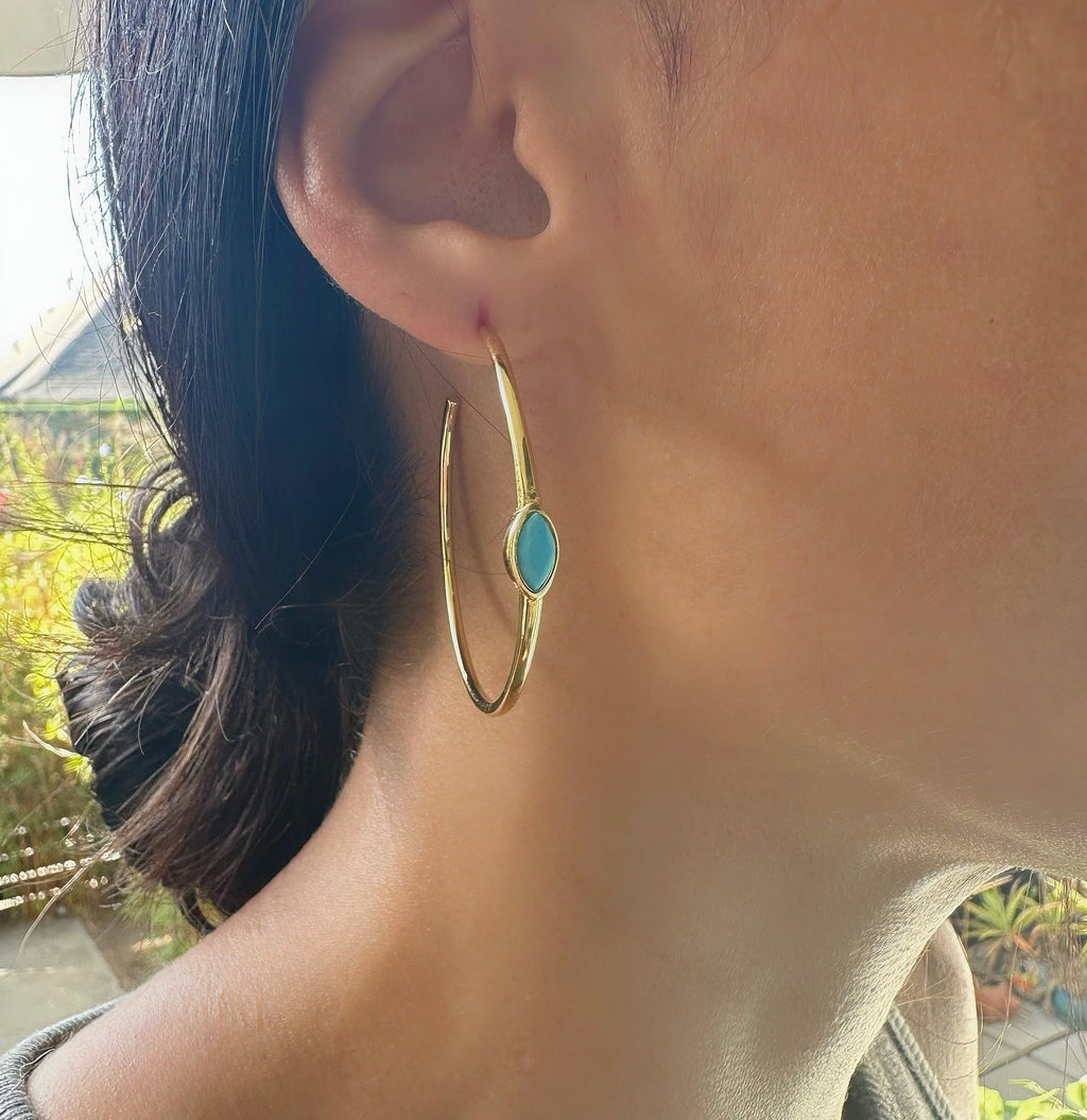 Turquoise Hoop Gold Earrings - Marquise Shape Turquoise Stone Gold Waterproof - Lightweight, Hypoallergenic, Boho Chic Designer Earrings for Everyday Wear -Elegant Minimal Light Weight