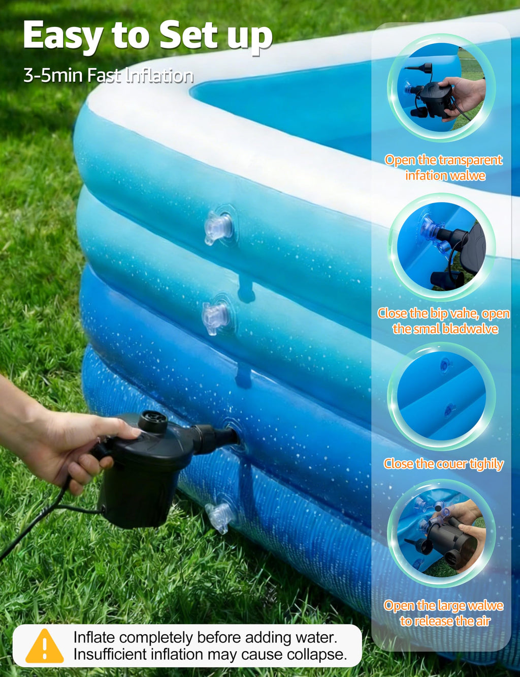 120" Large Inflatable Pool for Kids & Family, 4-Layer Thickened Blow Up Pool (Stronger Than 3-Layer), 0.32mm Heavy Duty PVC, Durable Swimming Pool for Adults, Kids & Pets Backyard Summer Blue