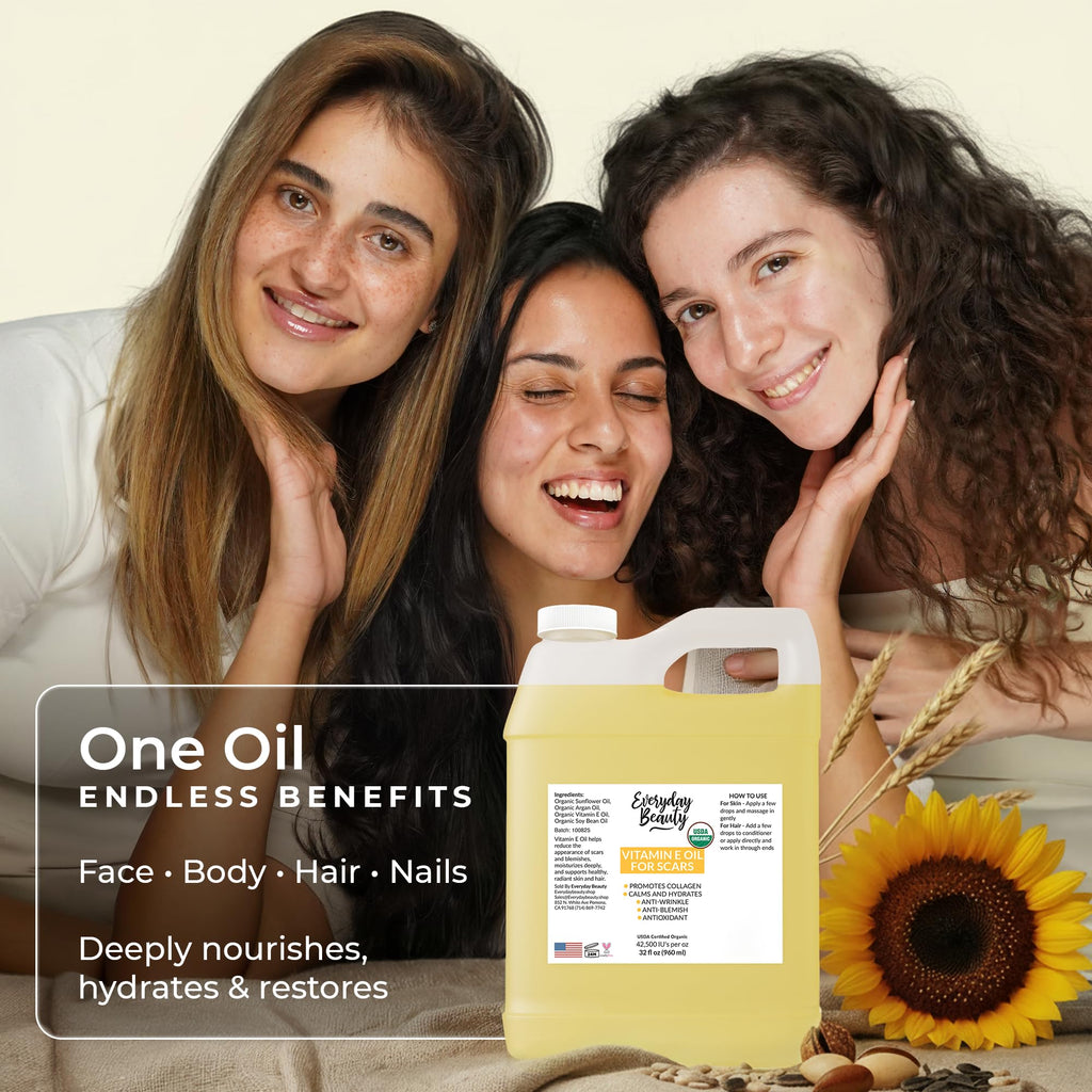 Organic Vitamin E Oil Bulk - 32oz USDA Certified 100% All Natural Plant Based - Light and Unscented Great for Scars After Surgery - For Face, Skin and Nails - Anti-Aging, Reduce Appearance of Wrinkles