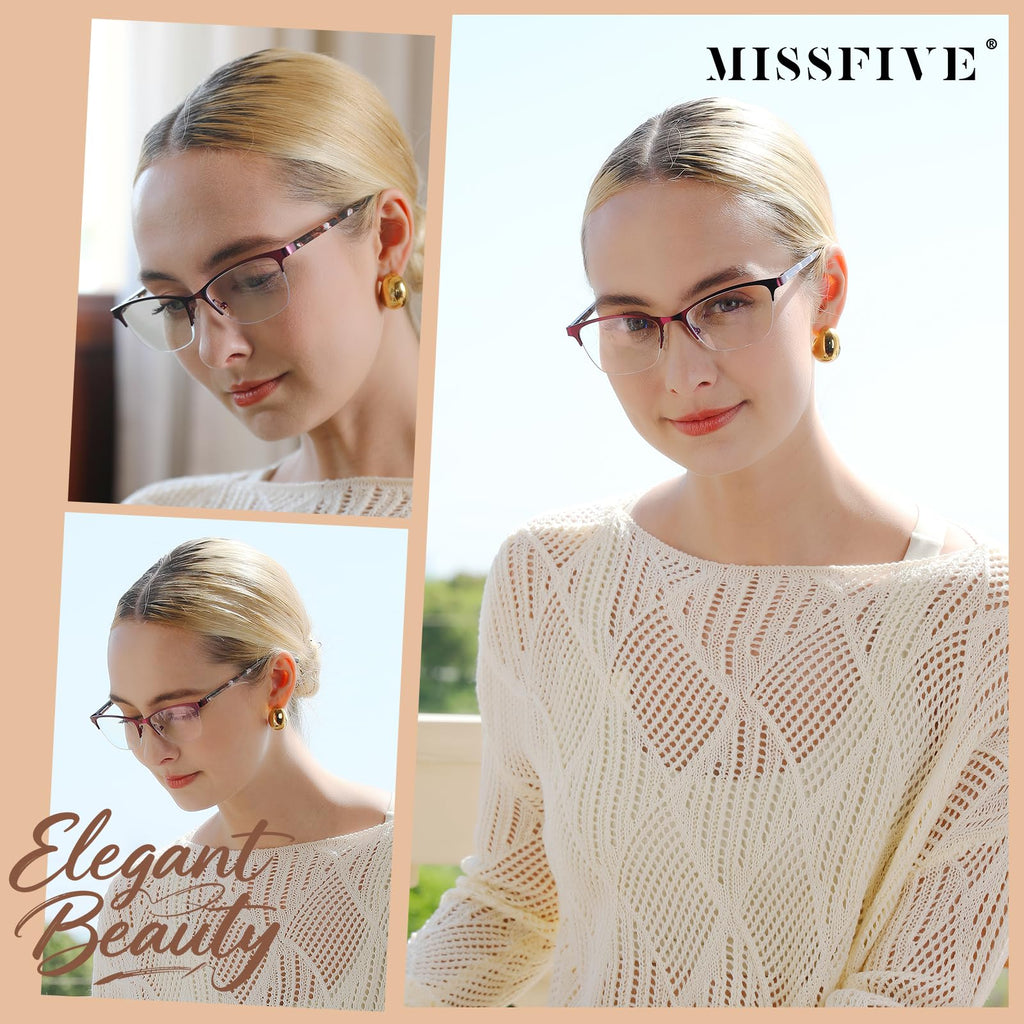 Missfive Premium Progressive Multifocus Metal Computer Reading Glasses For Women & A Hard Case, No Line Multifocal Readers with No Broken Spring Hinge(Workspace For Near Range 2.50x)