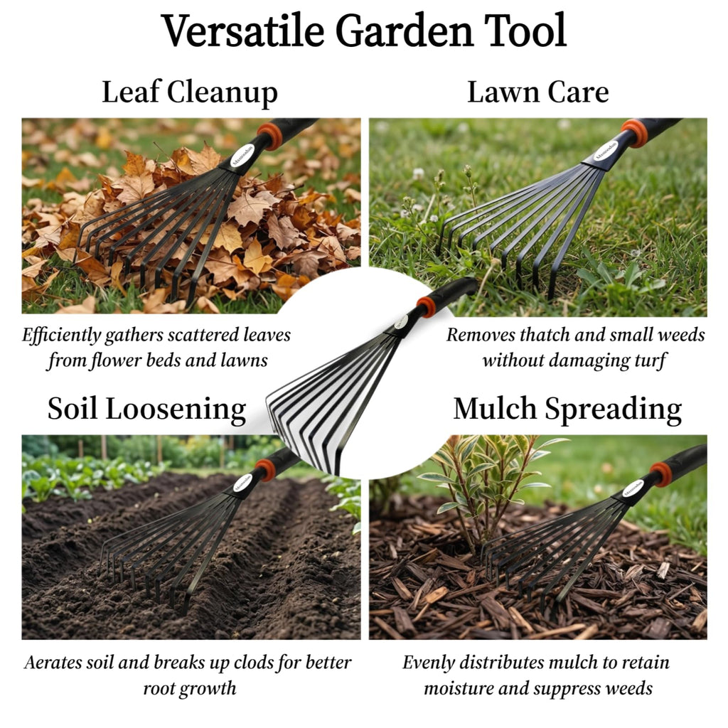 2 Pack Small Hand Rake for Gardening, Mini Leaf & Shrub Rake with Durable Steel Tines, Ergonomic Non-Slip Handle for Flower Beds, Lawn, Leaves & Yard Cleanup