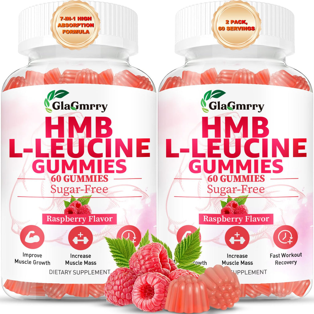 GlaGmrry 2 Pack HMB and Leucine Gummies, HMB & Leucine Amino Acid for Muscle Growth, Muscle Relief, HMB Supplements for Men & Women, Vegan, Non-GMO, Raspberry Flavor, 120 Count