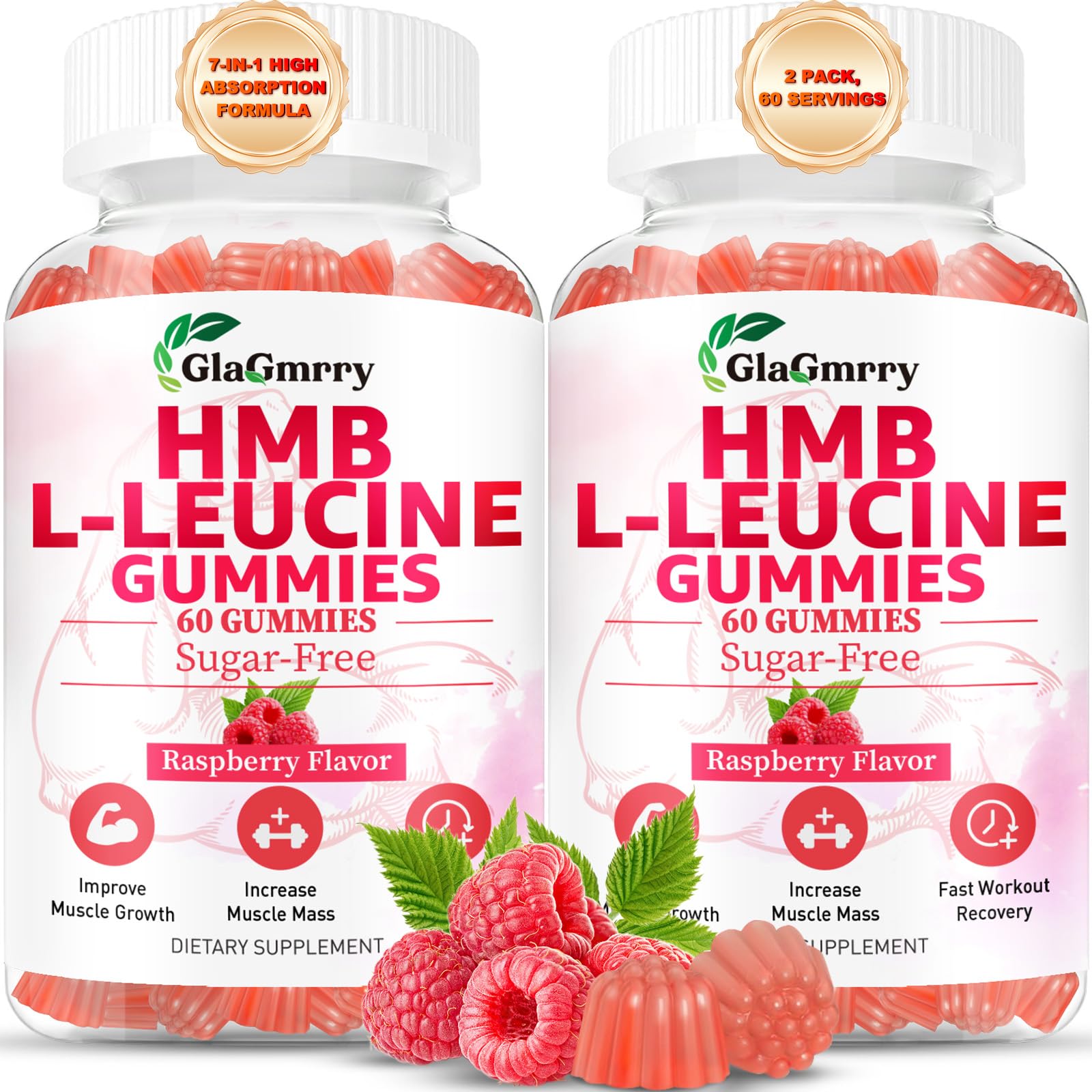 GlaGmrry 2 Pack HMB and Leucine Gummies, HMB & Leucine Amino Acid for Muscle Growth, Muscle Relief, HMB Supplements for Men & Women, Vegan, Non-GMO, Raspberry Flavor, 120 Count