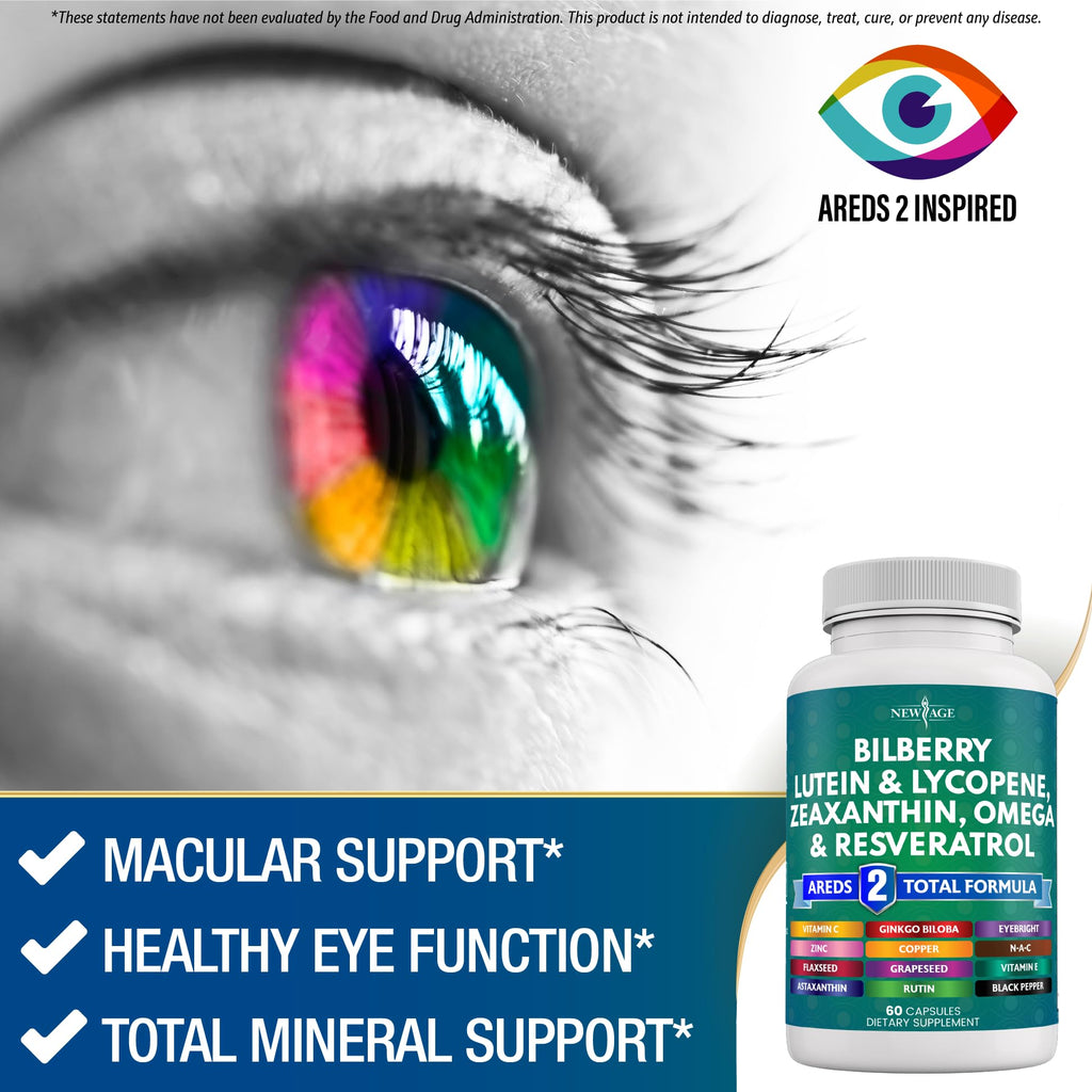 NEW AGE Eye Health Vitamins with Bilberry Lutein & Zeaxanthin Lycopene Resveratrol Grape Seed Extract Astaxanthin - Eye Vitamin - 180 Count