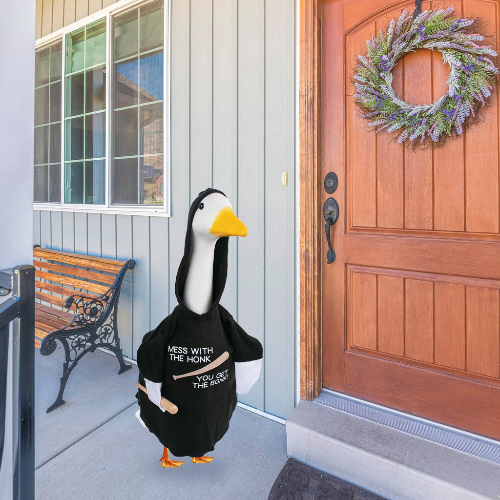 CAMDUCK Porch Goose Outfit Hoodie Mess with The Honk You Get The Bonk Baseball Goose Clothes with Wood Bat Warning Porch Sign for Plastic Cement Goose Statue Garden Lawn Yard Patio Outdoor Decor