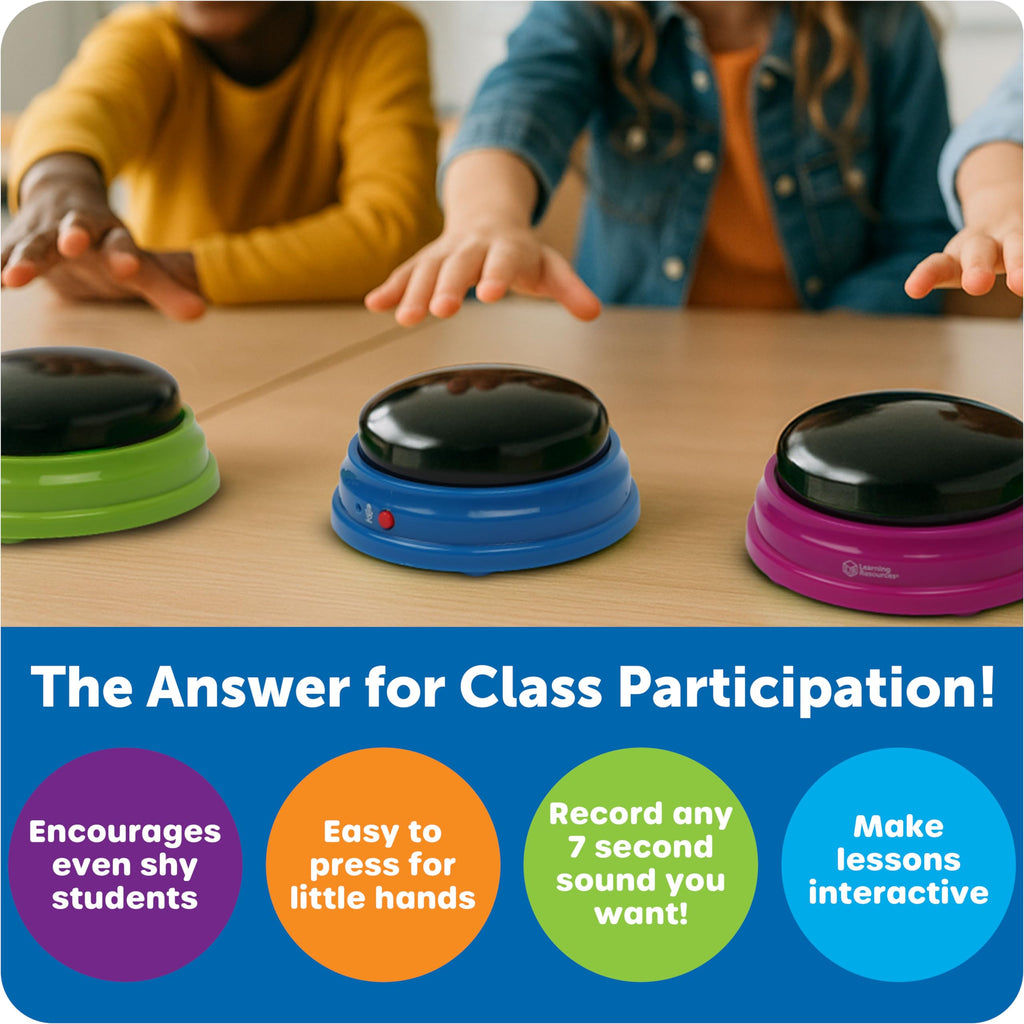Learning Resources Recordable Answer Buzzers - Set of 4, Ages 3+ | Pre-K Personalized Sound Buzzers, Recordable Buttons, Game Show Buzzers, Perfect for Family Game and Trivia Nights