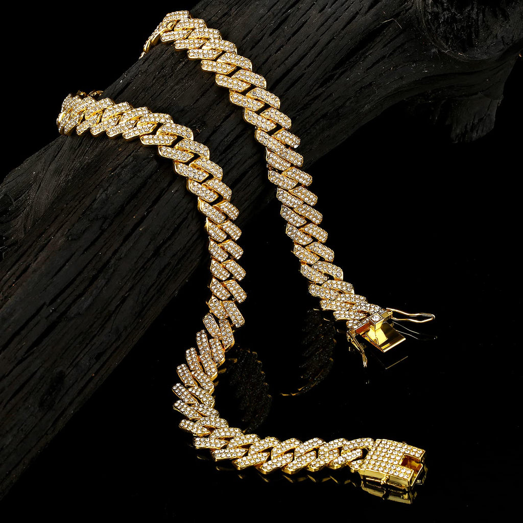 JUNVirtuous 2 Pieces Cuban Link Chain Mens Iced Out Miami Cuban Necklace and Bracelet Silver Bling Diamond Hip Hop Jewelry for Men and Women (Gold, 8" Bracelet and 20" Necklace)