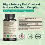VINATURA Red Vine Leaf Extract - Horse Chestnut, 1300mg/serving, Circulation and Vein Support for Healthy Legs - Helps Blood Flow, Leg Circulation - 60 Capsules (30 Servings)