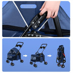 sxvbdway 4 Wheels Pet Stroller for Medium Small Dog up to 50lbs, Dog Cat Stroller, Outdoor Travel Pet Folding Strollers, Cat Cage Strollers with Cup Holder, Breathable and Visible Mesh (1 Set-Blue)