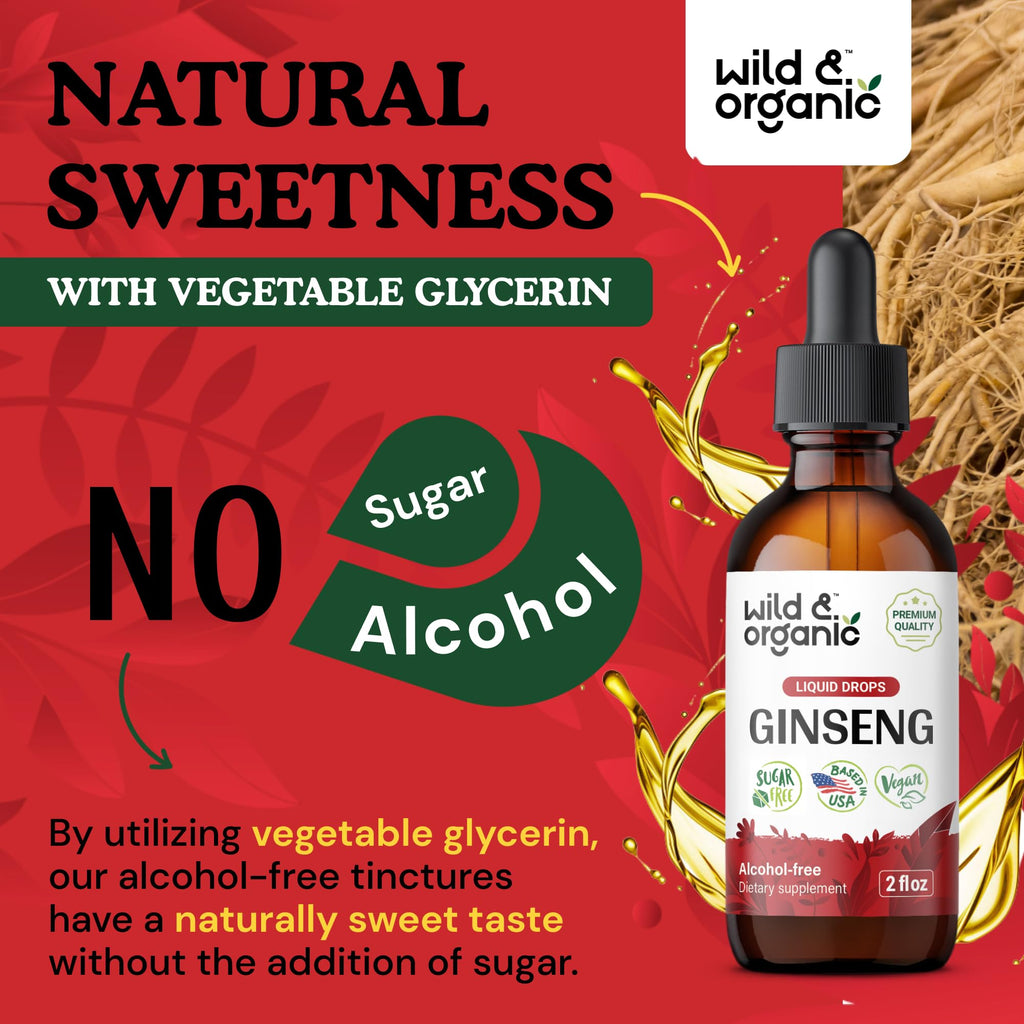 Wild & Organic Korean Red Ginseng Extract Drops - Panax Ginseng Supplement for Immune Support - Liquid Root Tincture for Overall Well-Being - Vegan, Sugar & Alcohol-Free - 2 fl oz