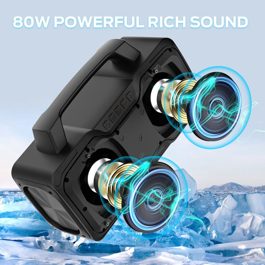 BUGANI Bluetooth Speaker, 80W Powerful Portable Wireless Speakers IPX7 Waterproof Speaker, Outdoor Loud Speakers with Handle 24H Playtime, Support Microphone AUX USB Suitable for Party, Pool, Black