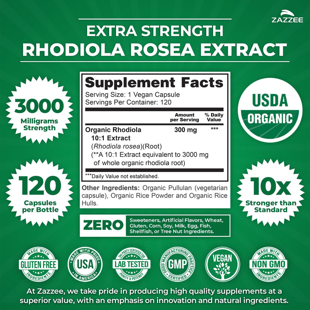 Zazzee USDA Organic Rhodiola 10:1 Exract, 3000 mg Strength, 120 Capsules, 4 Month Supply, Standardized and Concentrated 10X Extract, 100% Vegetarian, Extra Strength, All-Natural and Non-GMO