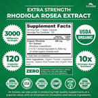 Zazzee USDA Organic Rhodiola 10:1 Exract, 3000 mg Strength, 120 Capsules, 4 Month Supply, Standardized and Concentrated 10X Extract, 100% Vegetarian, Extra Strength, All-Natural and Non-GMO